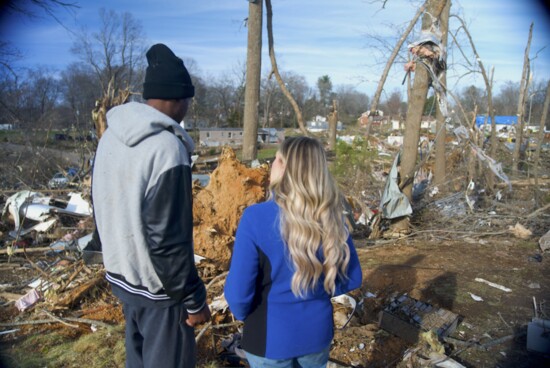 Mathis in Clarksville covering the recent December tornado aftermath. Photo credit: Alan Adkins - WTVF