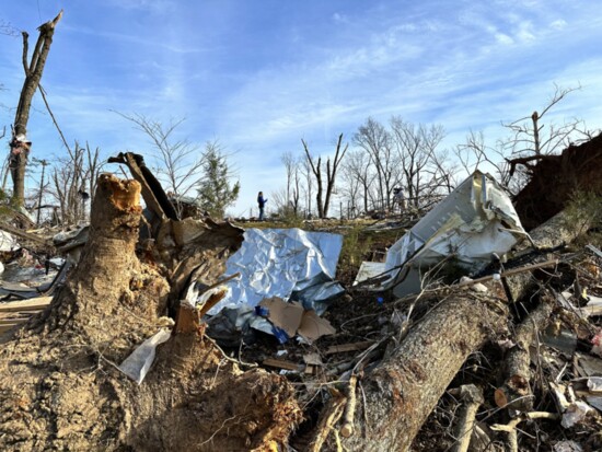 Mathis in Clarksville covering the recent December tornado aftermath. Photo credit: Alan Adkins - WTVF