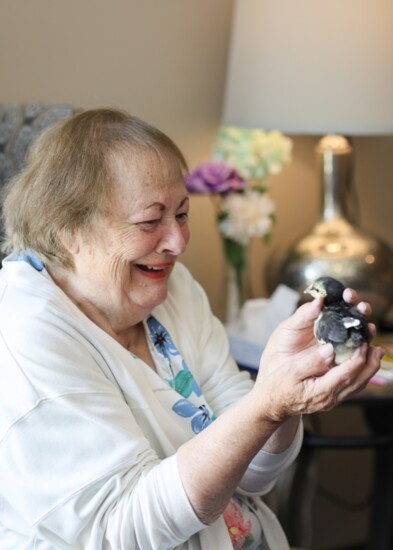 A resident enjoys a moment of joy and connection with a baby chick.