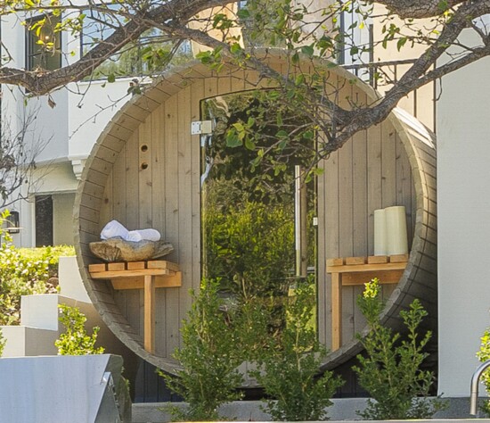 A cedar barrel sauna