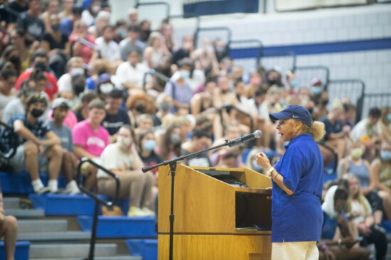 Westfield State University President Linda Thompson addresses students.