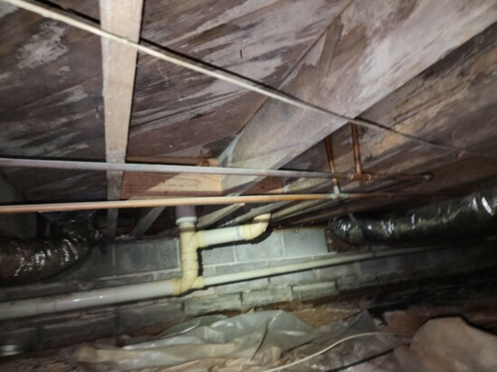 BEFORE: Microbial growth and water damage on crawl space joists before remedial cleaning.