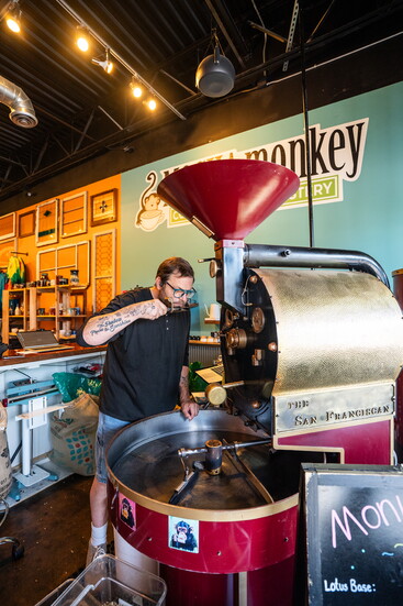 Chief Roaster, John Pennucci, operating Mocha Monkey's vintage San Franciscan roaster