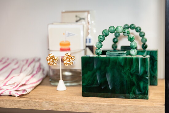 The Audrey Acrylic Clutch on display.