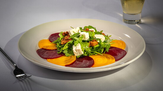 Beet Salad: golden and red beets, arugula, caramelized walnuts, feta cheese, maple lemon vinaigrette