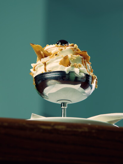 Rada's Sunchoke sundae. Sunchoke ice cream, whipped cream, koji caramel, sunchoke chips, toasted pine nuts, and a cherry on top. Photo by Laura Pol.