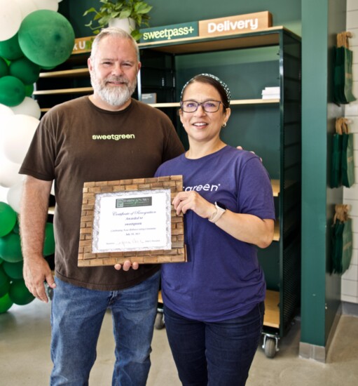 Dave Hopkins, Area Coach (Chicago-West suburbs) and Rubi Morales, Team Coach, at sweetgreen Deer Park's Grand Opening.