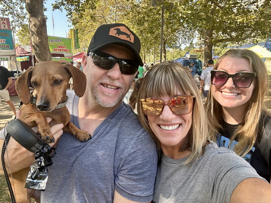 Moose with his three trainers: Greg, Jill + Lucy Hartmann.
