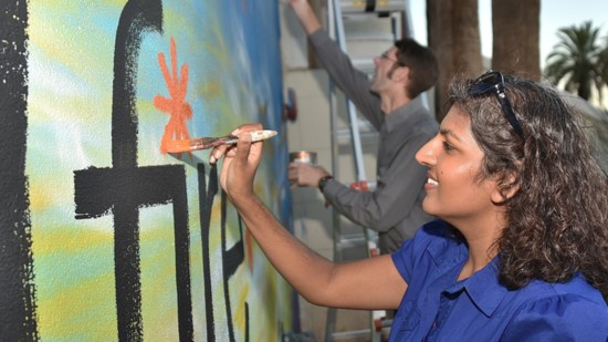 School teacher Sarah Keel paints her asterisk.