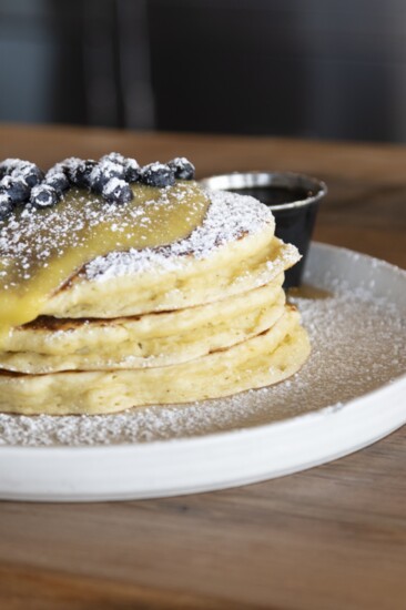 Lemon Ricotta Pancakes - Lemon curd, blueberries, and maple syrup