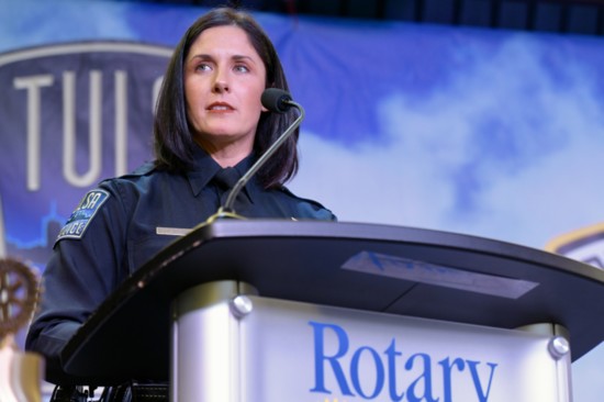 Tulsa Police Officer of the Year Khara Rogers speaks to a full house at the Rotary Club of Tulsa's Above and Beyond Awards. Photo: John Howland