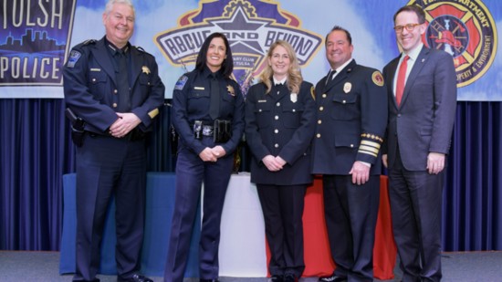 From left, Police Chief Chuck Jorand, Officer of the Year Khara Rogers, Firefighter of the Year Kelly Meeks, Fire Chief Ray Driskell and Tulsa Mayor G.T. Bynum