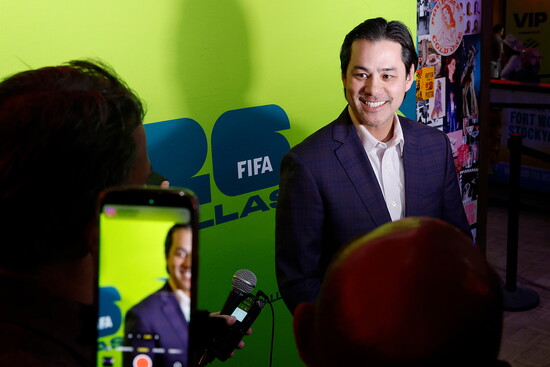 Jimmy Smith, North Texas FWC Organizing Committee Treasurer and FC Dallas COO & CFO, speaks with reporters at Billy Bob’s in Fort Worth following the FIFA World