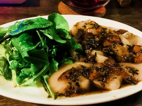 Scallops, salad and red wine at a tiny cafe in Hakuba Valley, Japan