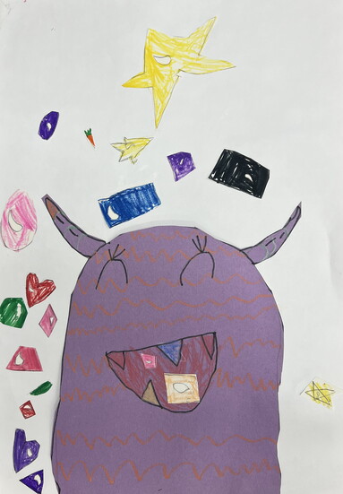 Lorelai I., "Shape Eater," mixed media, 12 x 18 in., Kindergarten, Ellen Smith Elementary, Art Educator: Katherine Barlow