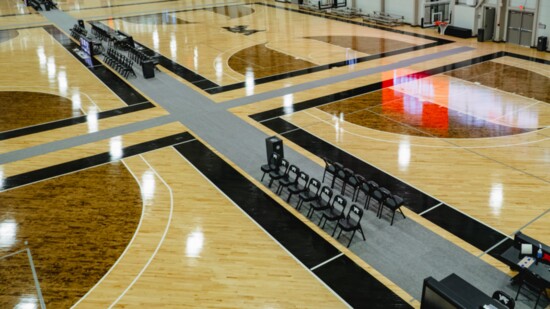 The multi-sport gymnasium boasts eight basketball courts, 12 volleyball courts and 18 pickleball courts.