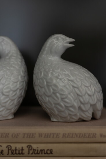 Ceramic accents like these partridges are neutral but bring whimsical, seasonal character.
