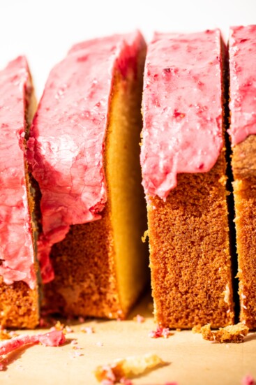 A pound cake with raspberry icing