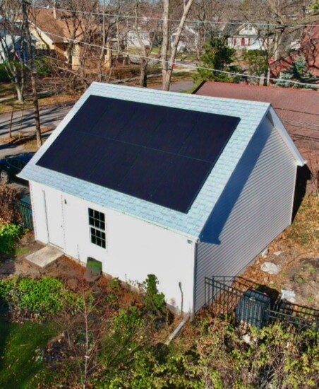 Solar roofed garage.